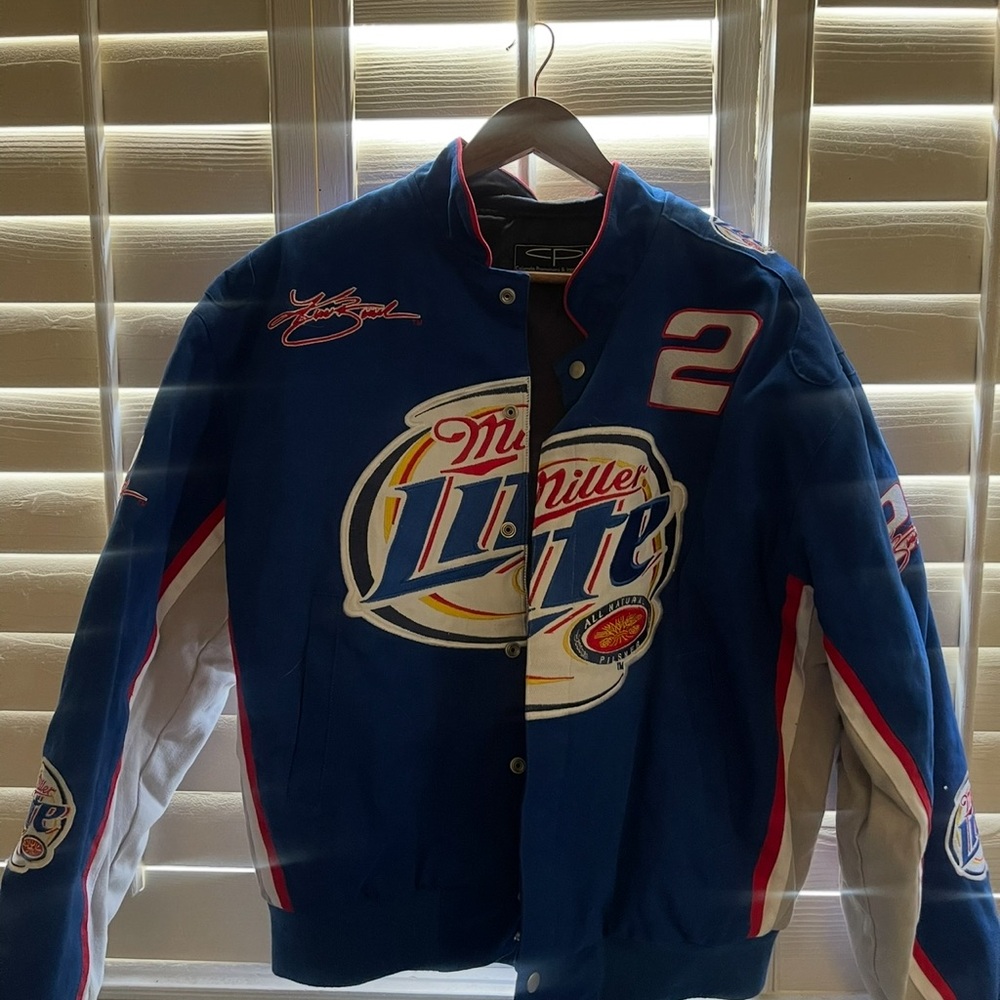 Nascar Blue and White Bomber Jacket Busch with Racing Accents Mint condition